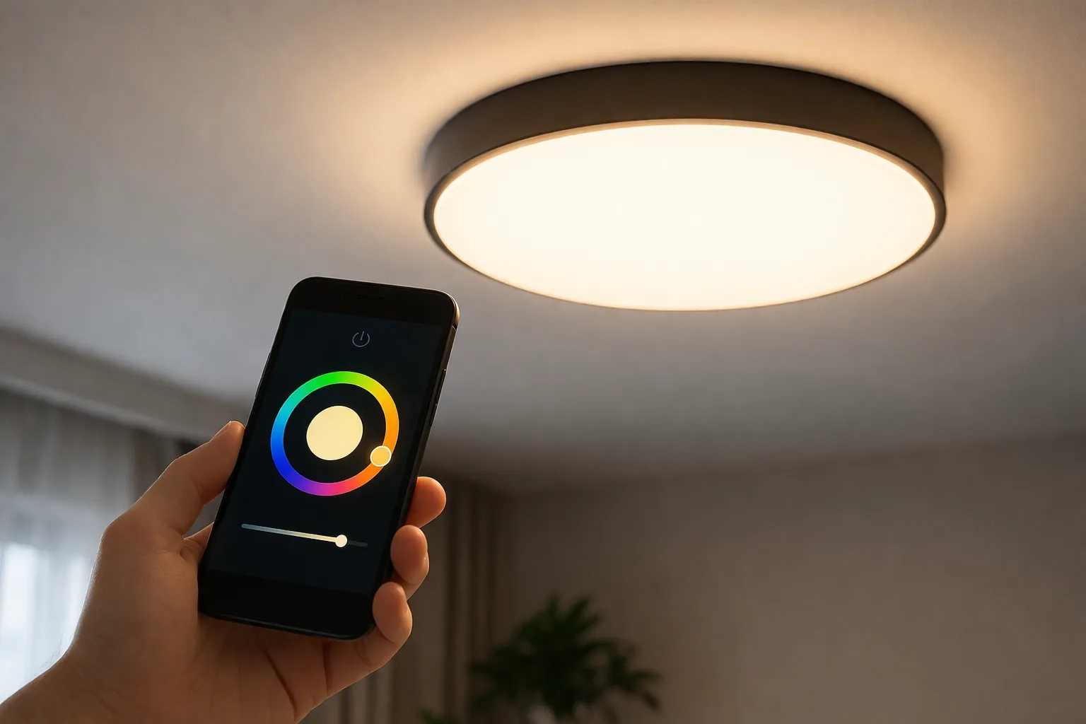 Moderne slimme plafondlamp die eenvoudig met een smartphone wordt bediend.
