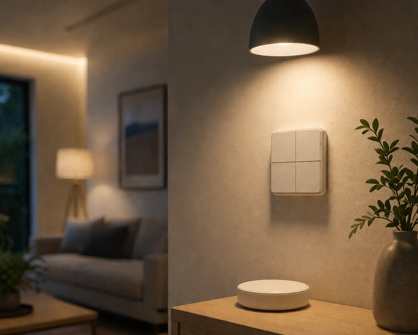 Warme, moderne slimme verlichting die lokaal werkt zonder wifi of cloud, in een rustige en stijlvolle woonruimte.