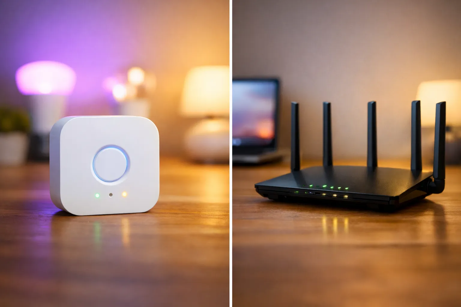 Realistische vergelijking van een Zigbee-hub en een wifi-router op een houten tafel met warme sfeerverlichting.