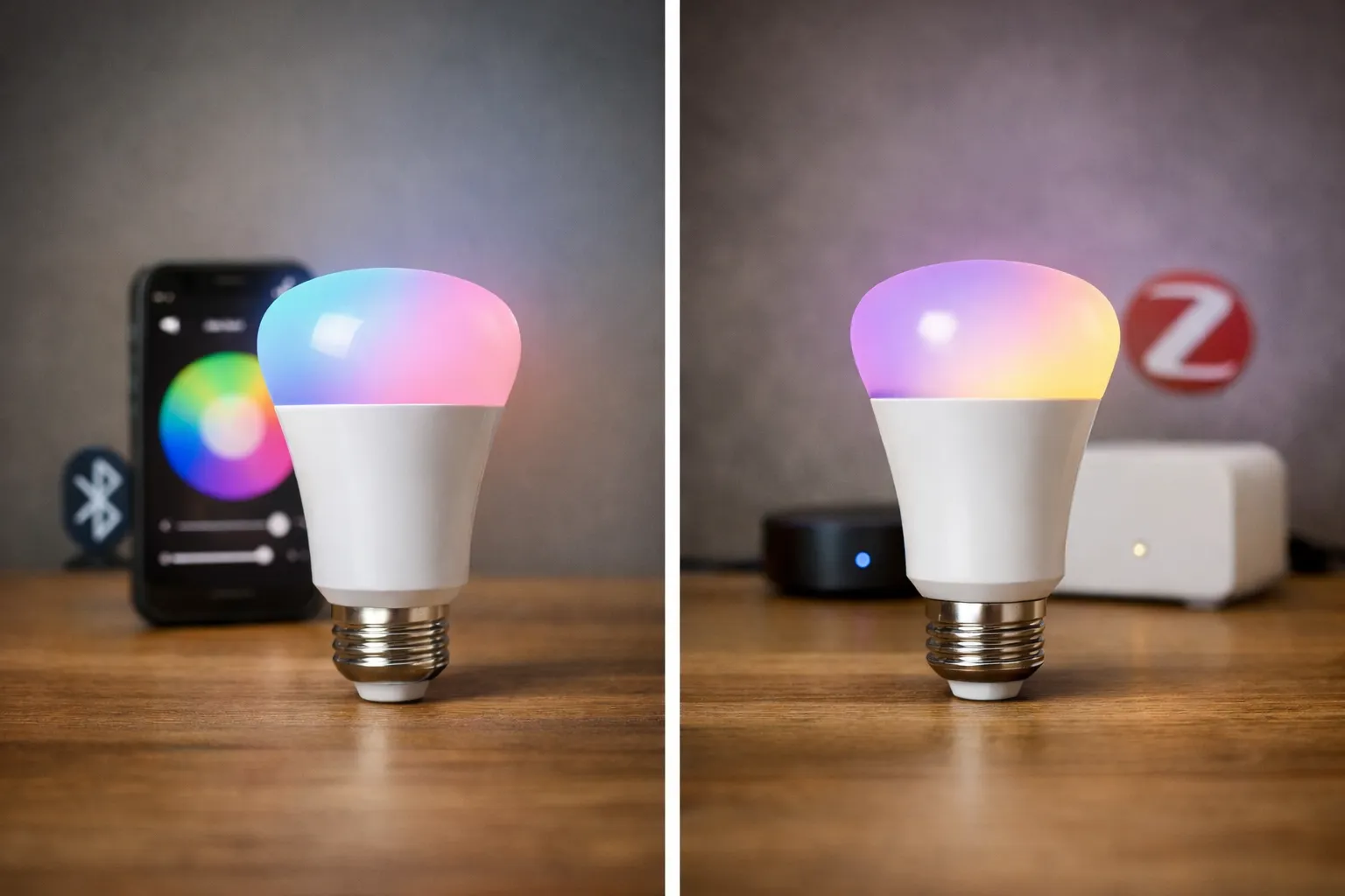 Twee slimme lampen naast elkaar: Bluetooth direct via smartphone, Zigbee via een hub voor stabiele bediening.