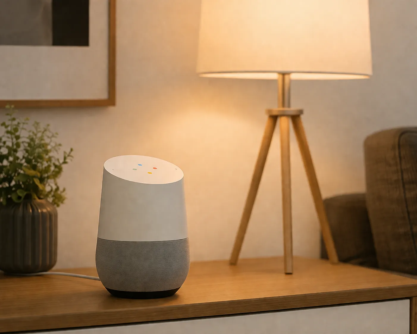 Moderne slimme verlichting in een gezellige woonkamer, eenvoudig bediend met Google Home.