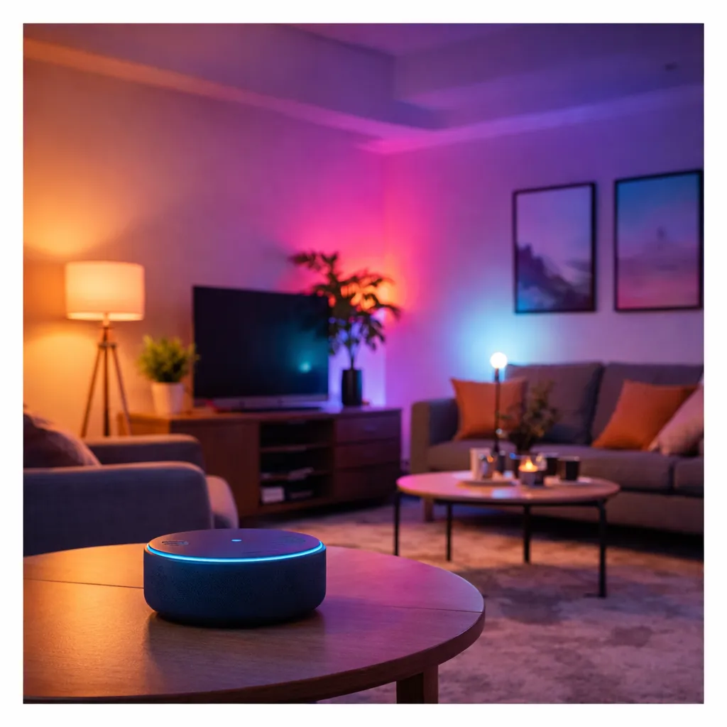Moderne woonkamer met spraakgestuurde slimme verlichting via Alexa.