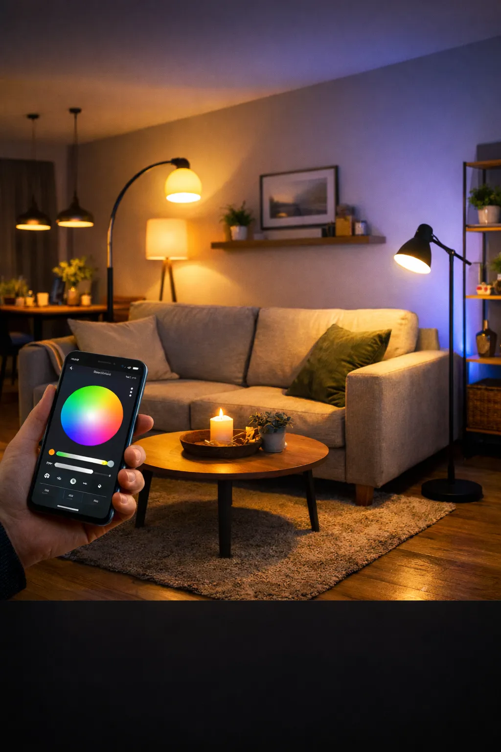 Energie besparen met slimme lampen in een moderne woonkamer.