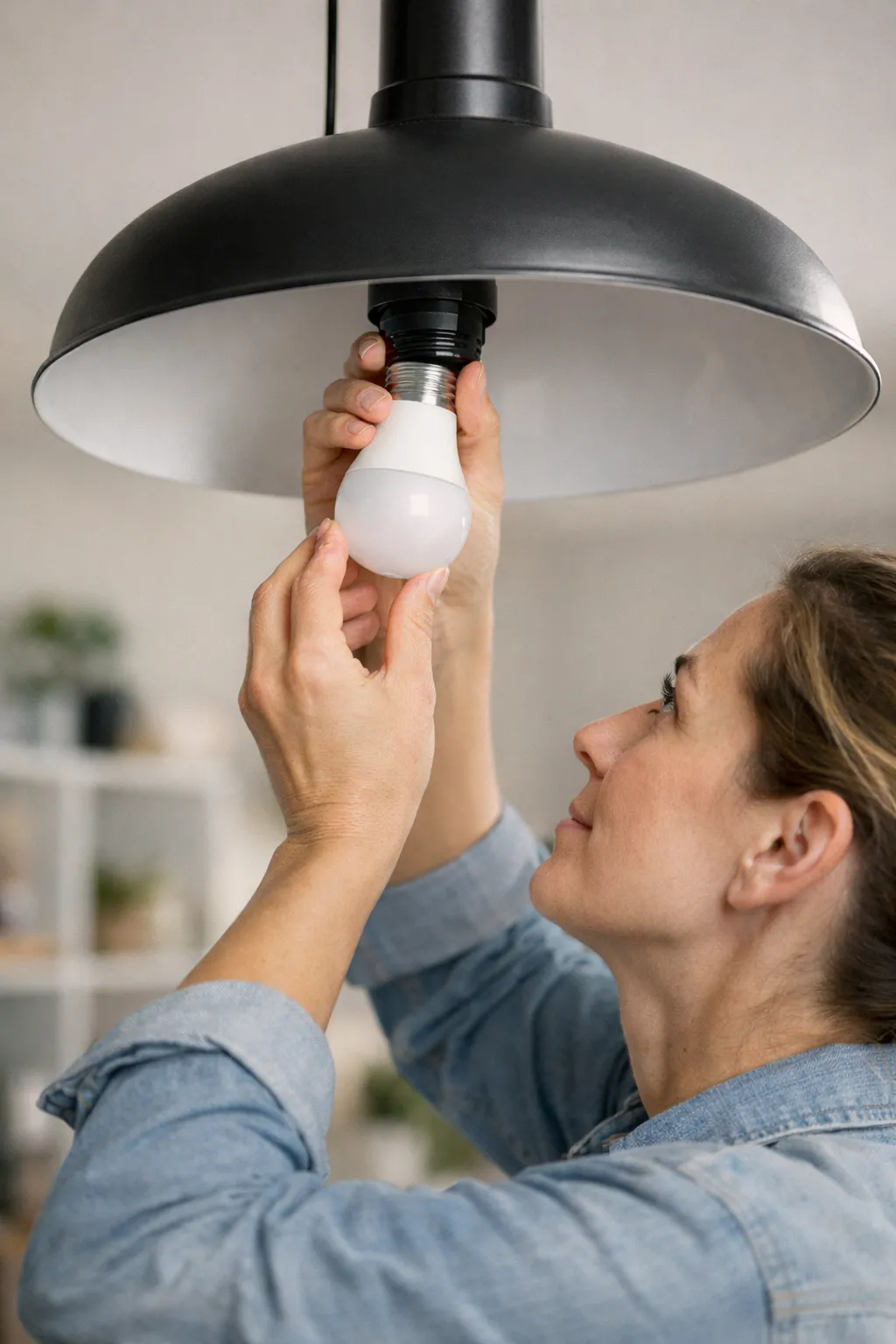 Een slimme lamp wordt in een plafondlamp gedraaid.