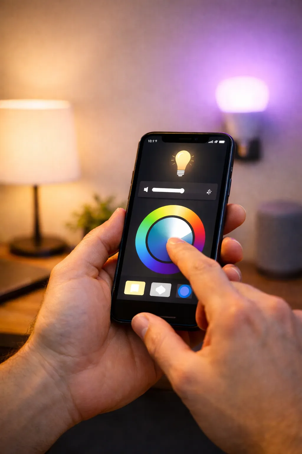 Een smartphone bedient slimme verlichting in een moderne en sfeervolle kamer.