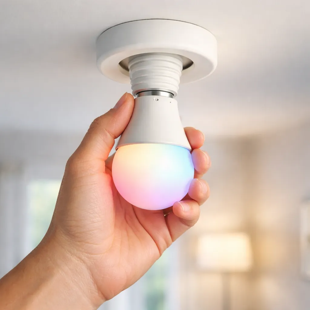 Hand die een slimme lamp reset in een plafondfitting.