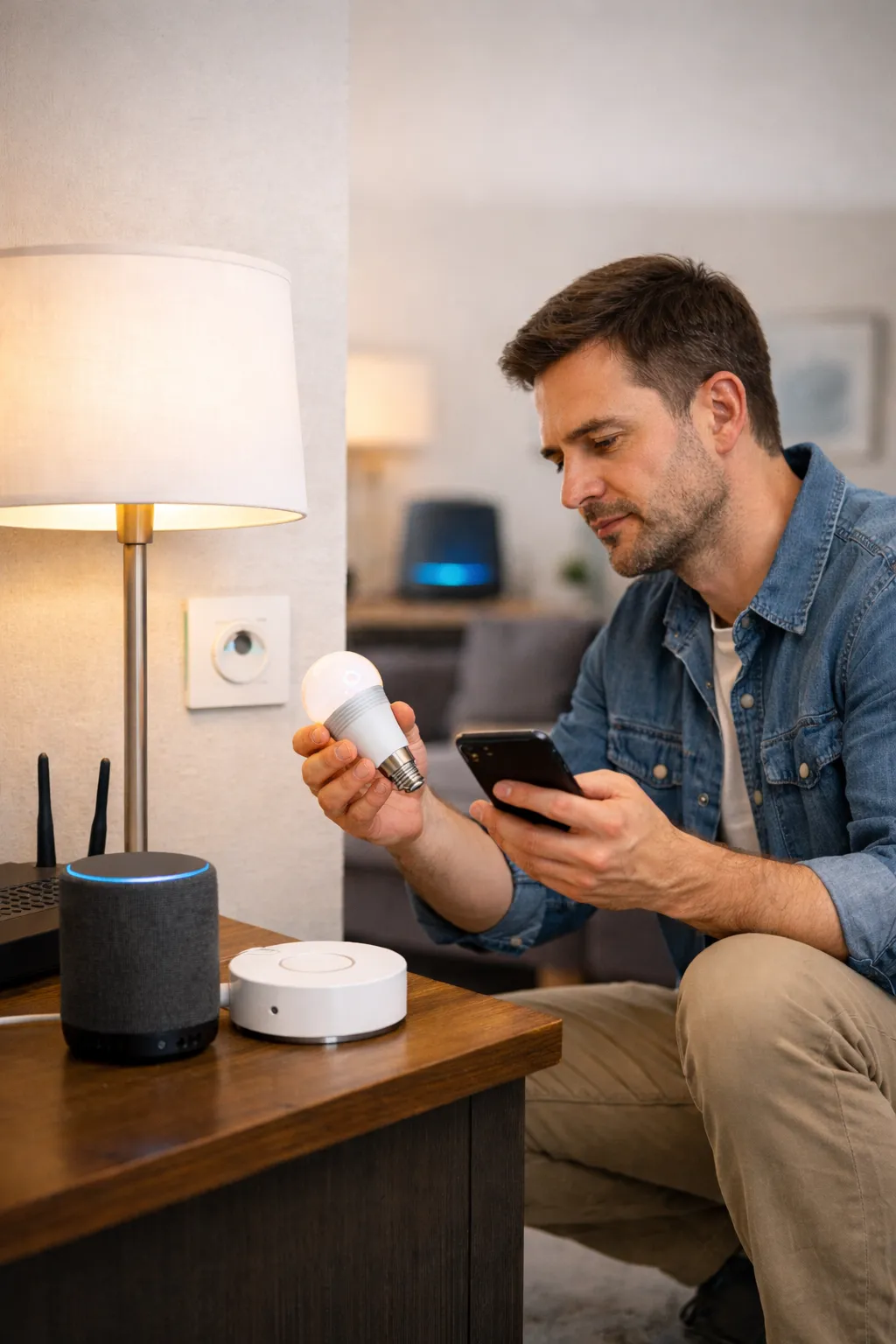Man controleert een slimme lamp met zijn smartphone.