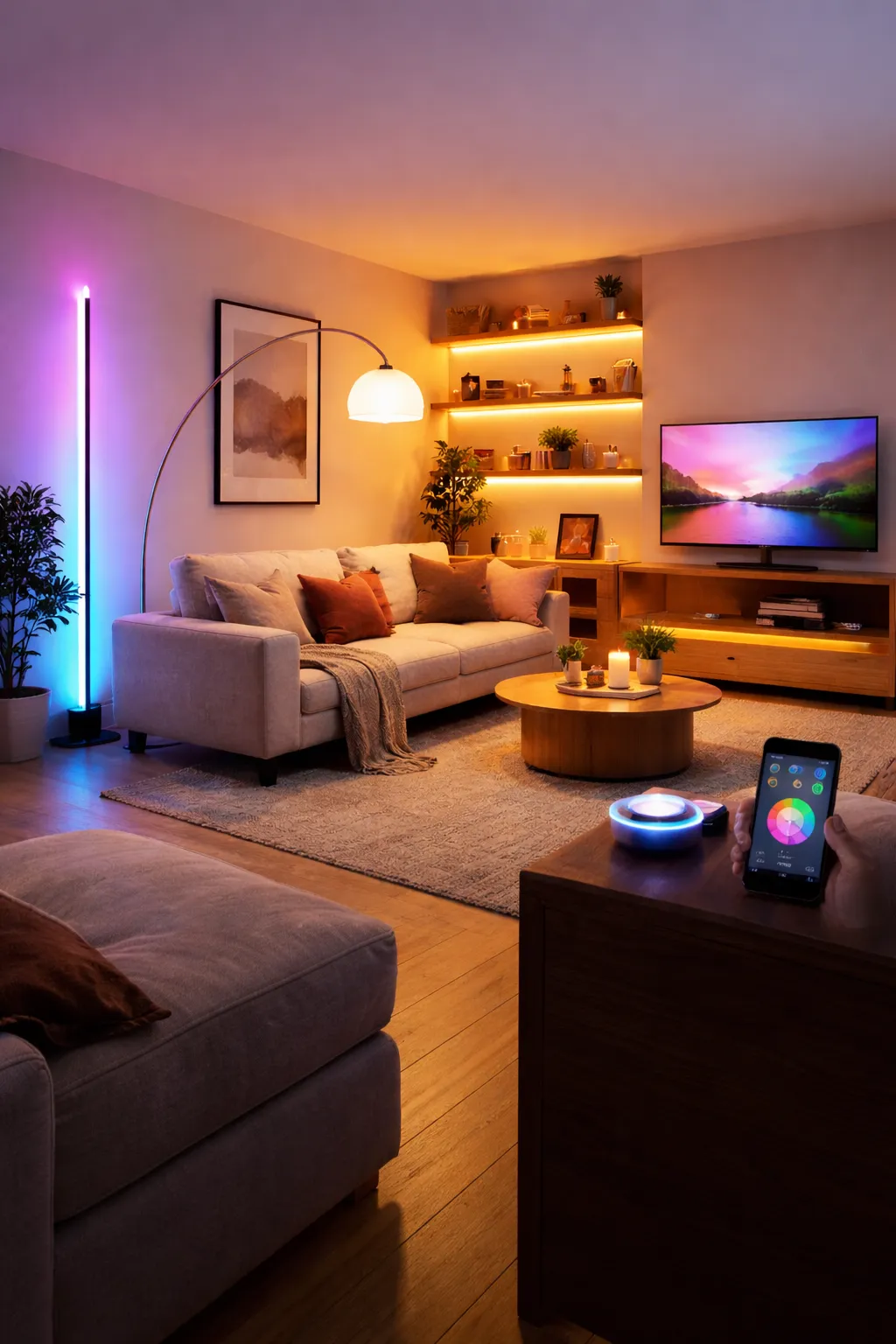 Moderne slimme verlichting zorgt voor sfeer, comfort en eenvoudige bediening in de woonkamer.