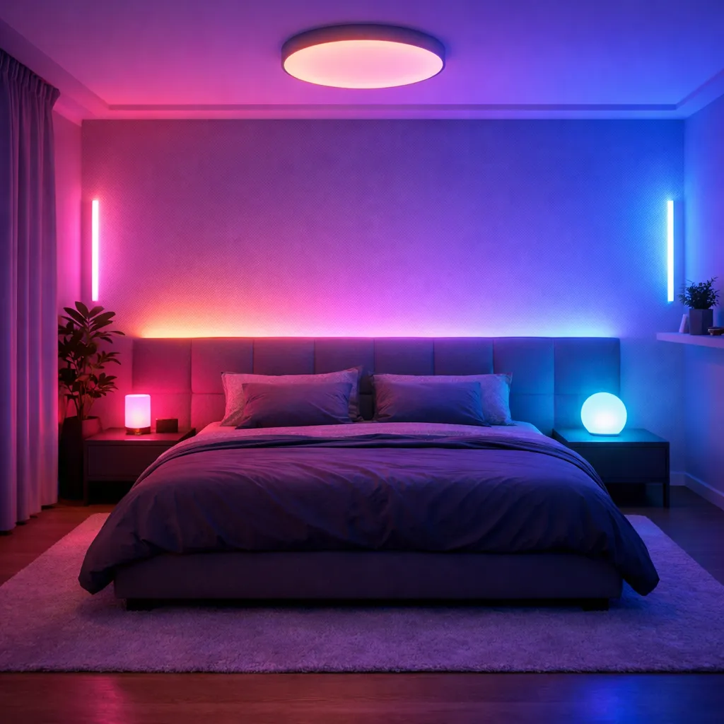 Moderne slaapkamer met slimme LED-verlichting in roze en blauwe tinten voor een rustige, sfeervolle uitstraling.