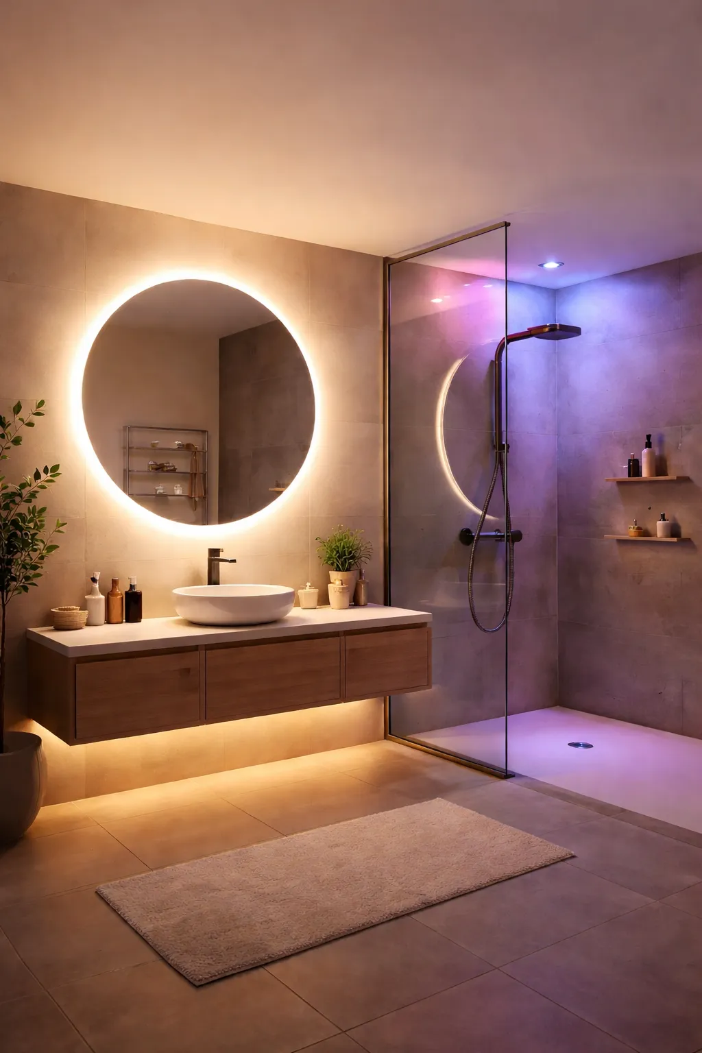 Moderne badkamer met sfeervolle slimme verlichting, warme spiegelverlichting en subtiele LED-accenten.