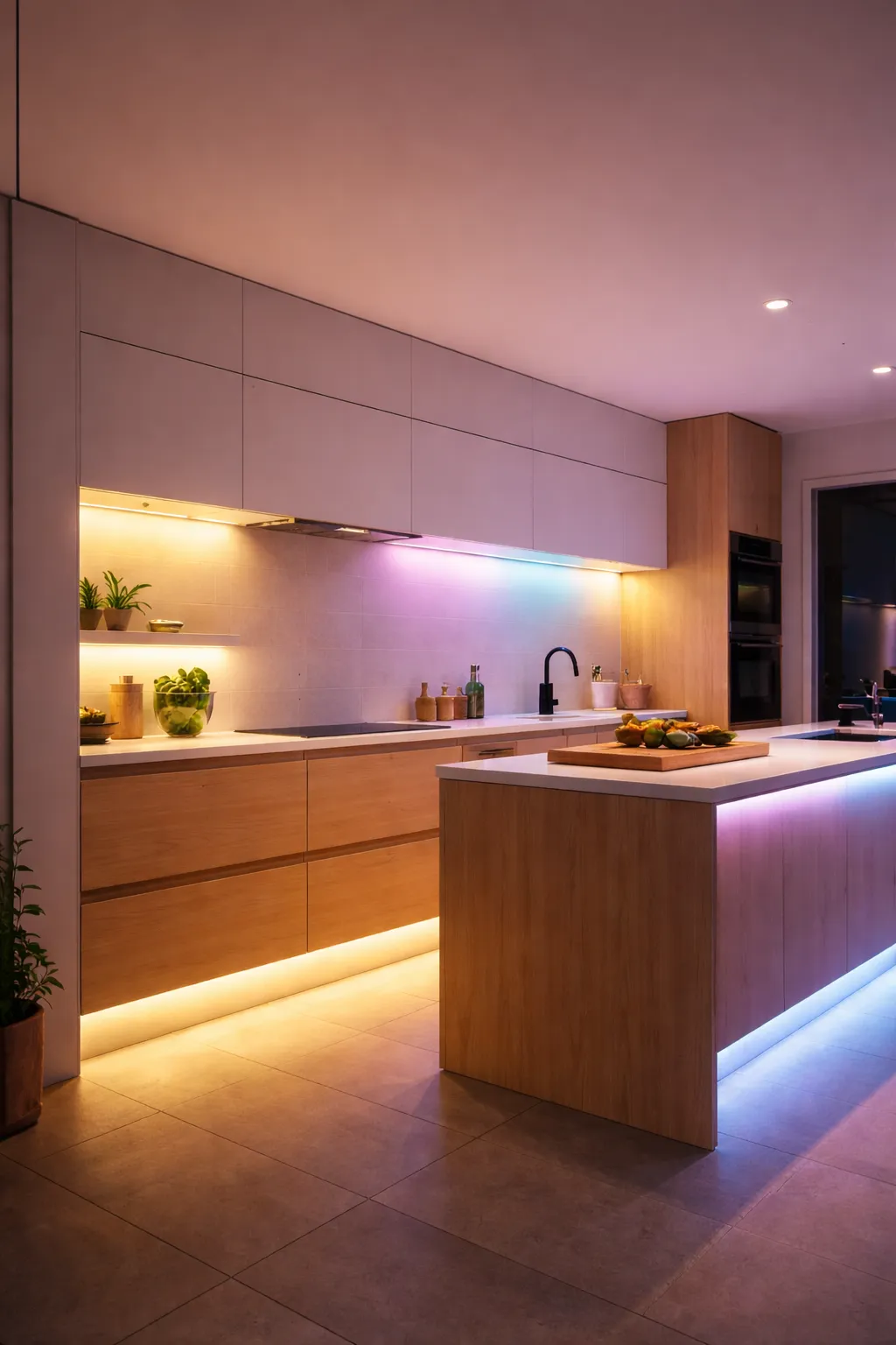 Moderne keuken met sfeervolle, slimme LED-verlichting.