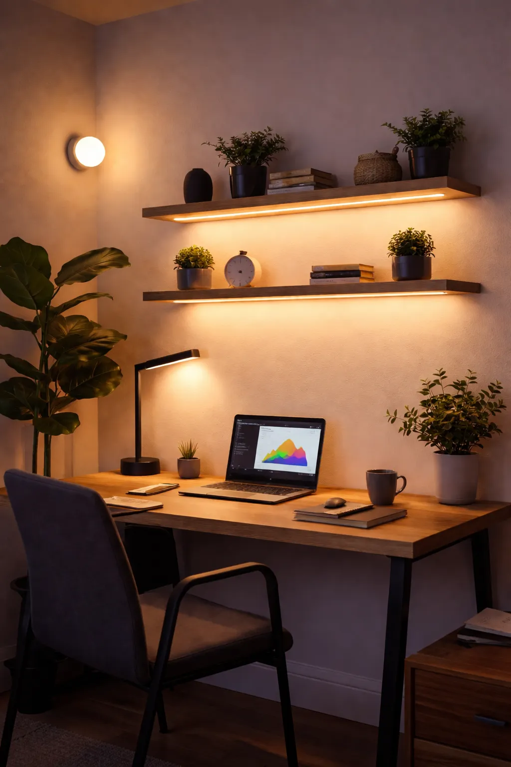 Een modern thuiskantoor met warme slimme verlichting, houten wandplanken en een rustige werksfeer.