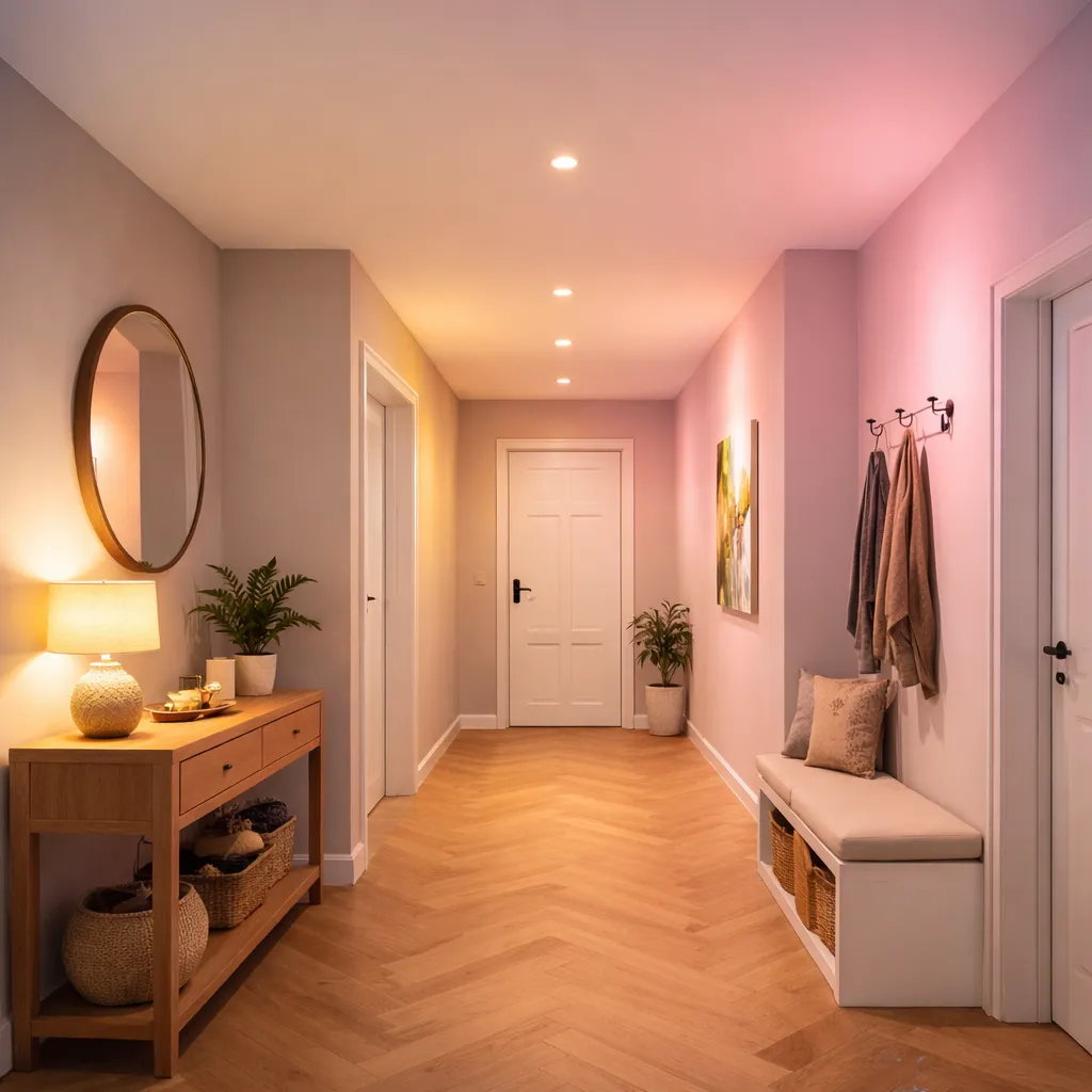 Moderne hal met slimme verlichting en warme sfeer.