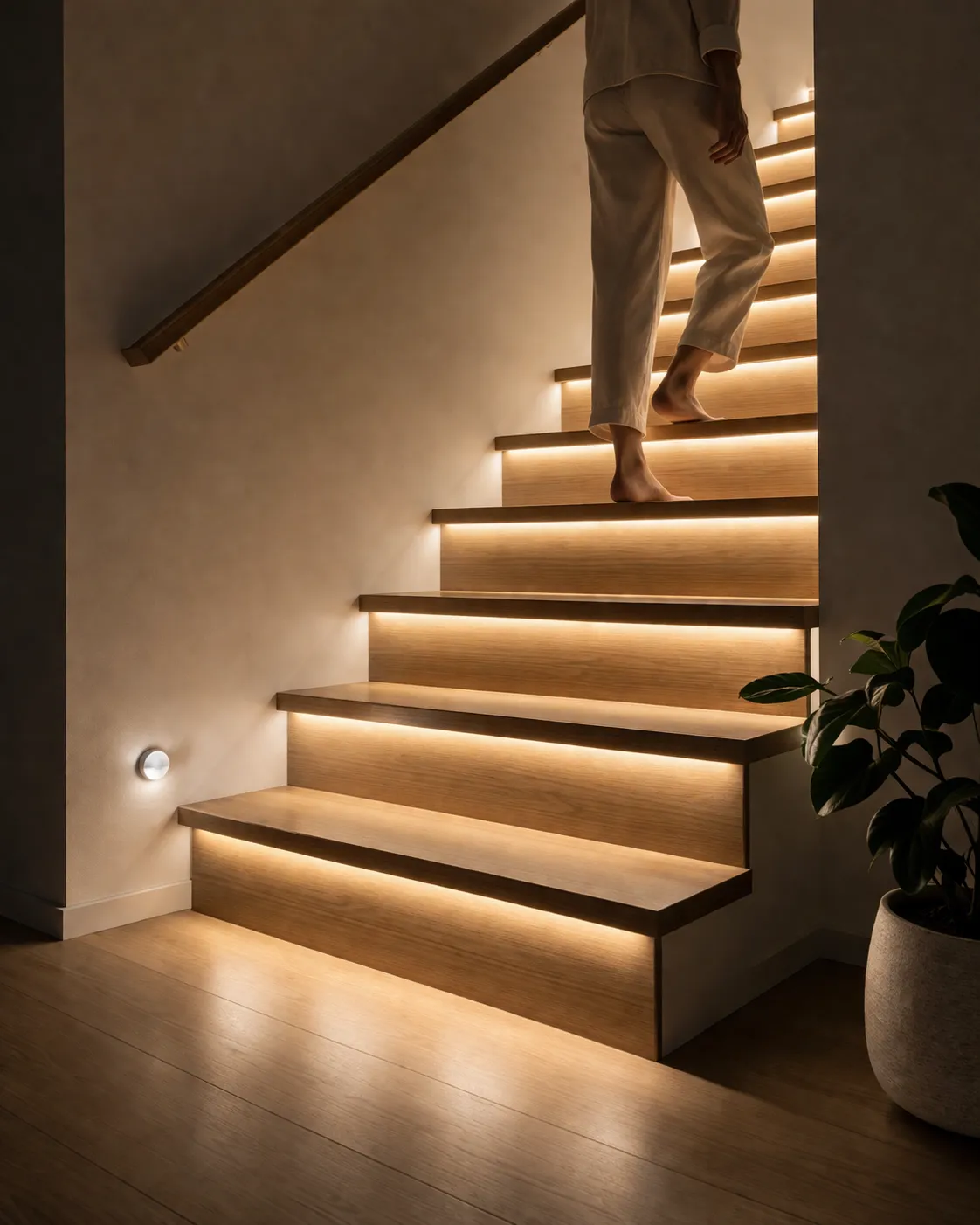 Warme LED-trapverlichting met bewegingssensor voor extra comfort en veiligheid.