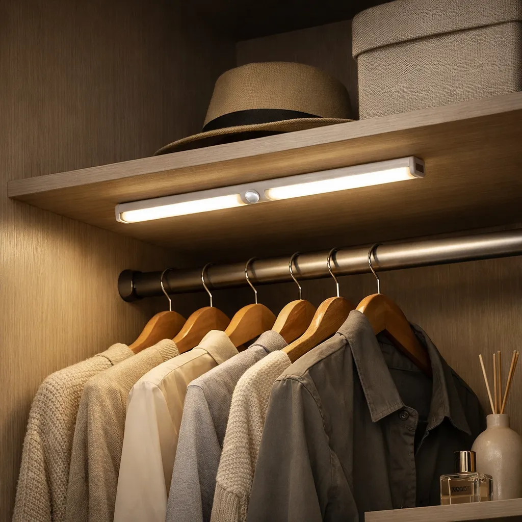 Moderne kast met warme LED-verlichting en bewegingssensor voor extra gemak en overzicht.