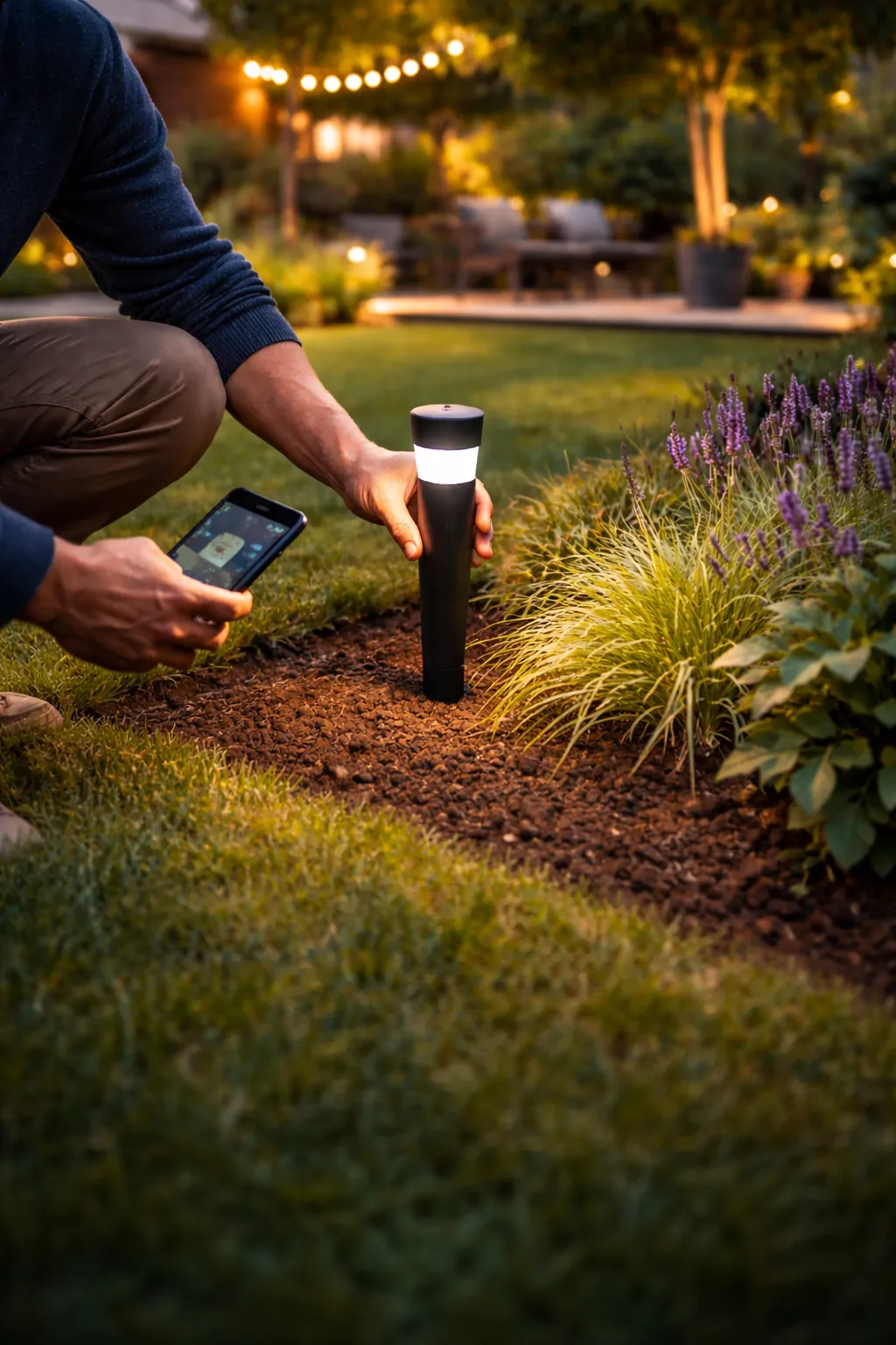 Moderne slimme tuinlamp wordt in de tuin geplaatst voor sfeervolle en handige buitenverlichting.