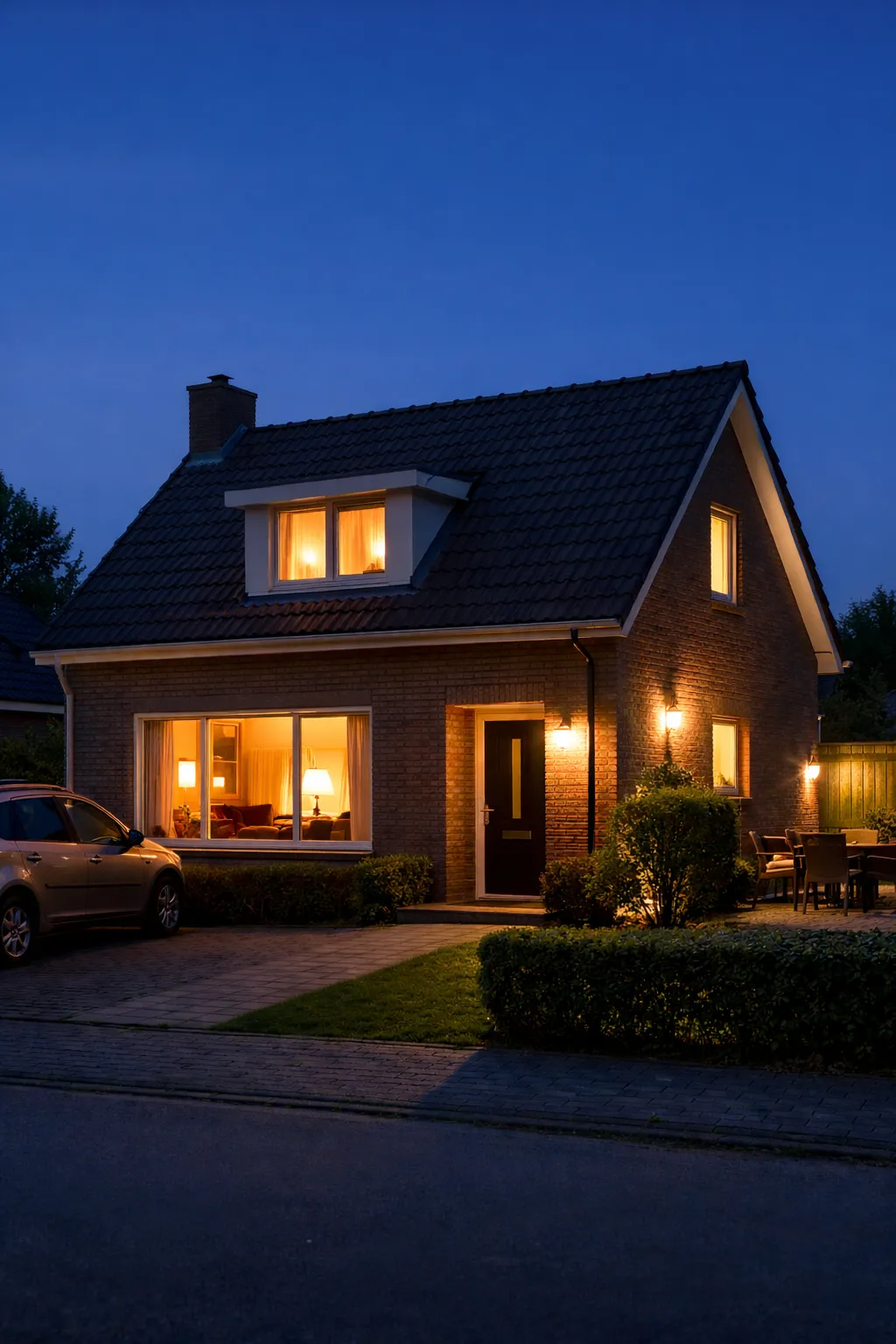 Realistische woning in de avond met slimme lampen die automatisch licht inschakelen voor een bewoonde indruk.