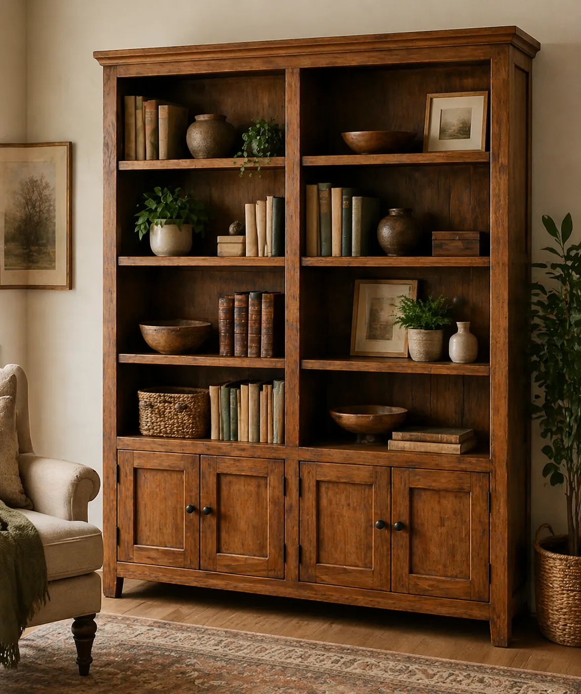 Stijlvolle houten boekenkast om op te bergen, te tonen en extra warmte in huis te brengen.