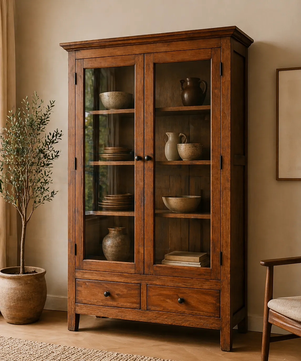 Refurbished vitrinekast met warme uitstraling, stijlvol opbergen en mooi presenteren in één meubel.