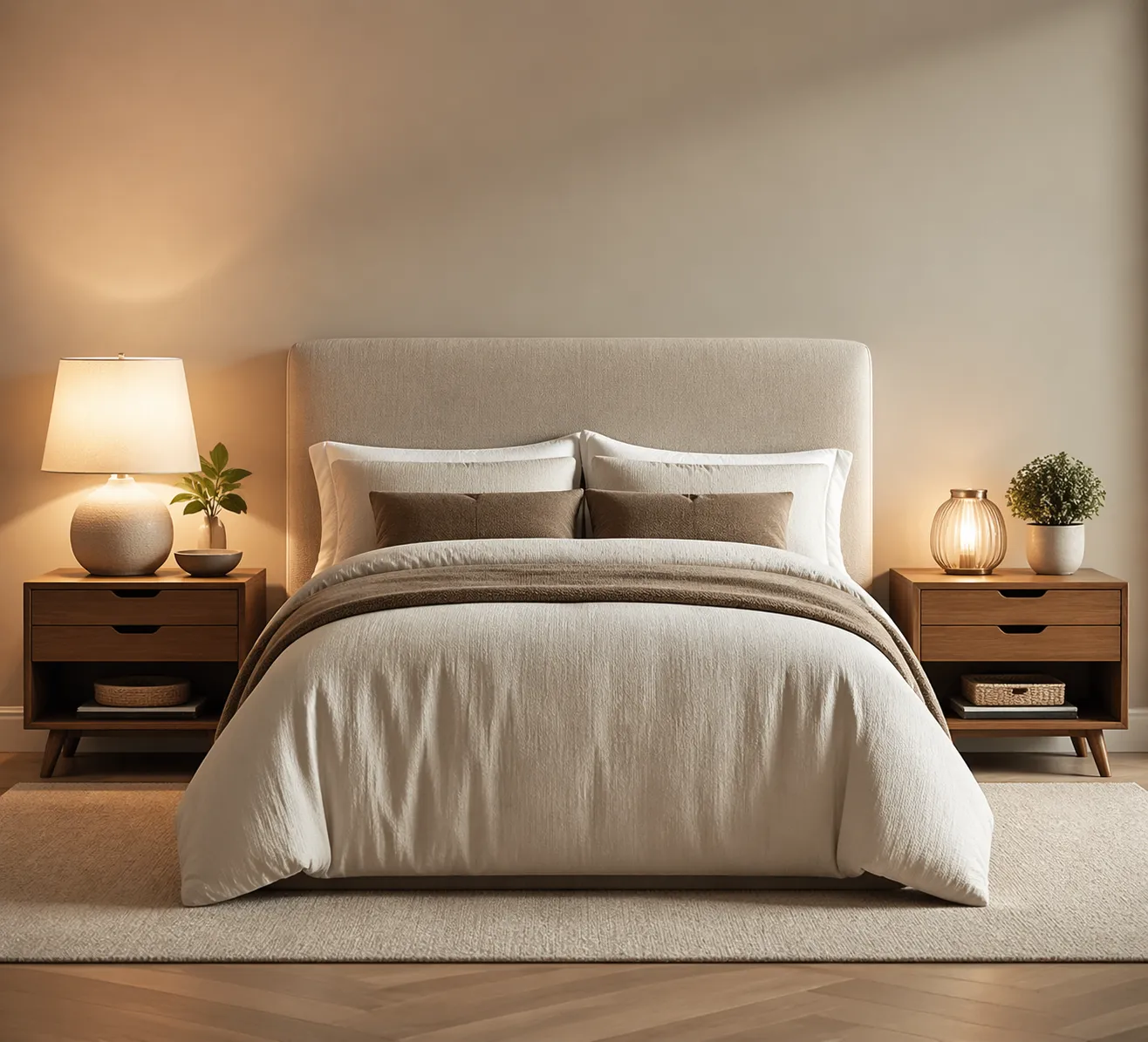 Balans, rust en slimme opbergruimte in een warme, stijlvolle slaapkamer.