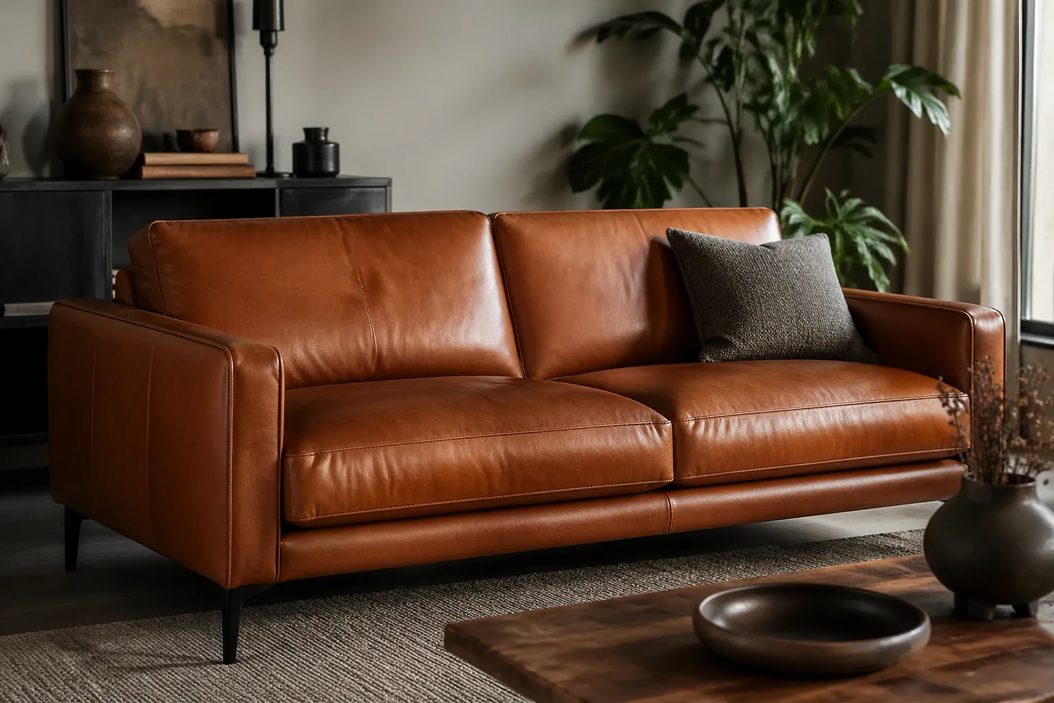 Stijlvolle leren bank met warm karakter, hoog zitcomfort en een elegante, duurzame uitstraling.