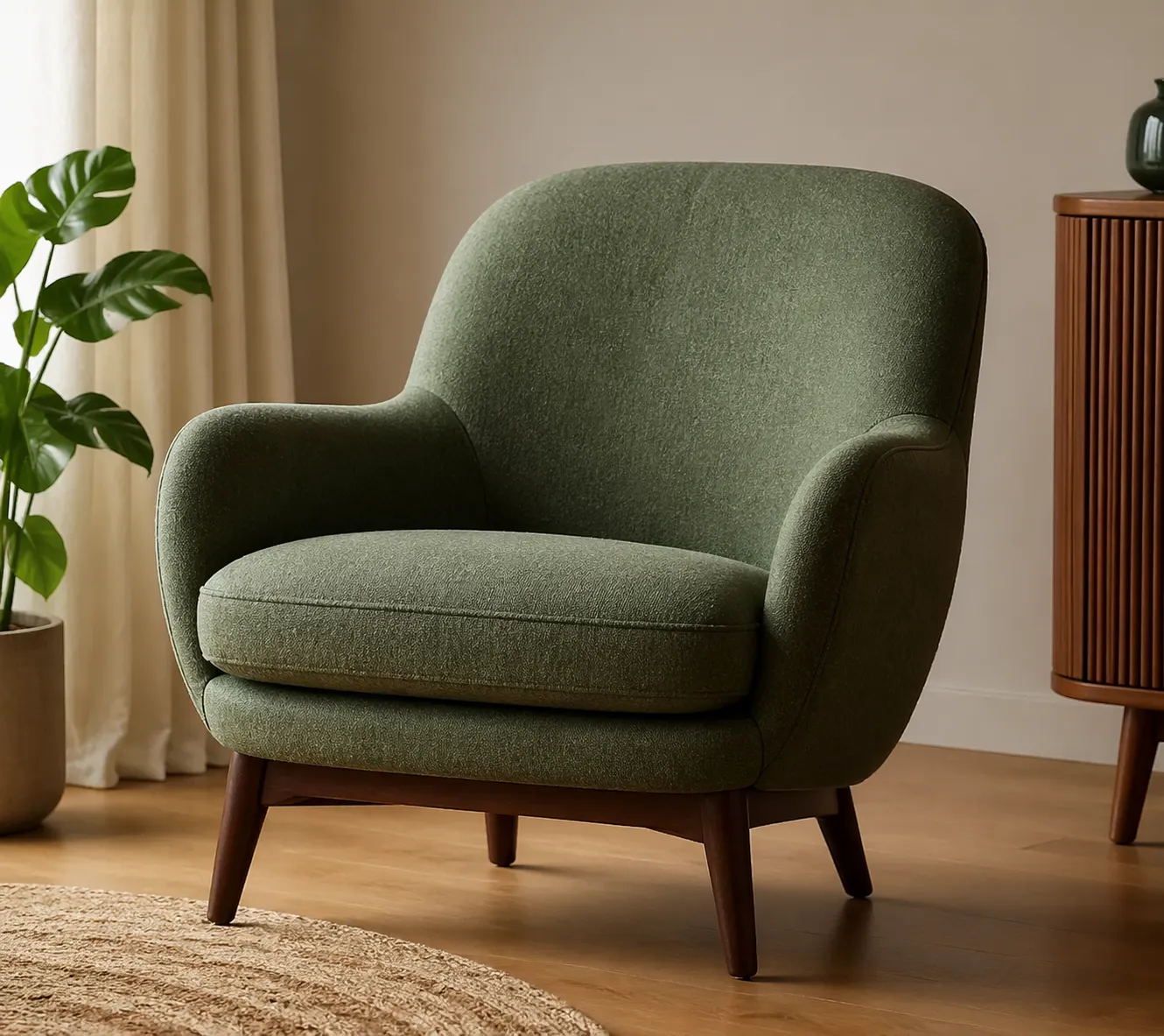 Compact, stijlvol en comfortabel. Een charmante fauteuil met zachte vormen en een warme, persoonlijke uitstraling.