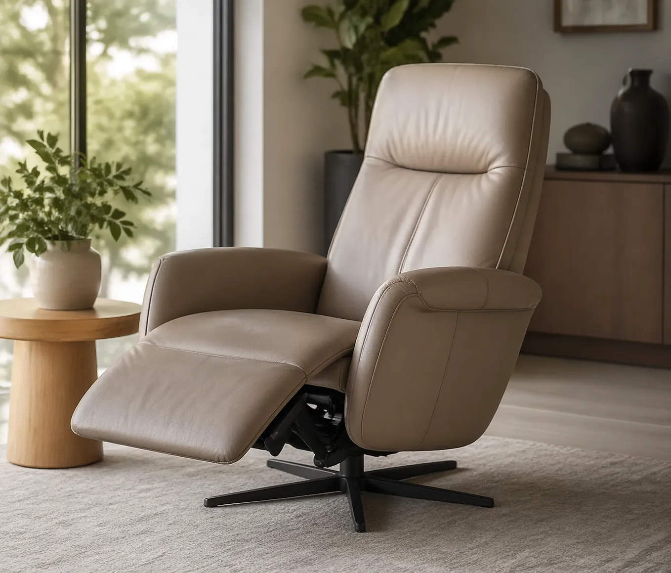 Comfortabele refurbished relaxfauteuil met extra steun en een rustige, stijlvolle uitstraling.