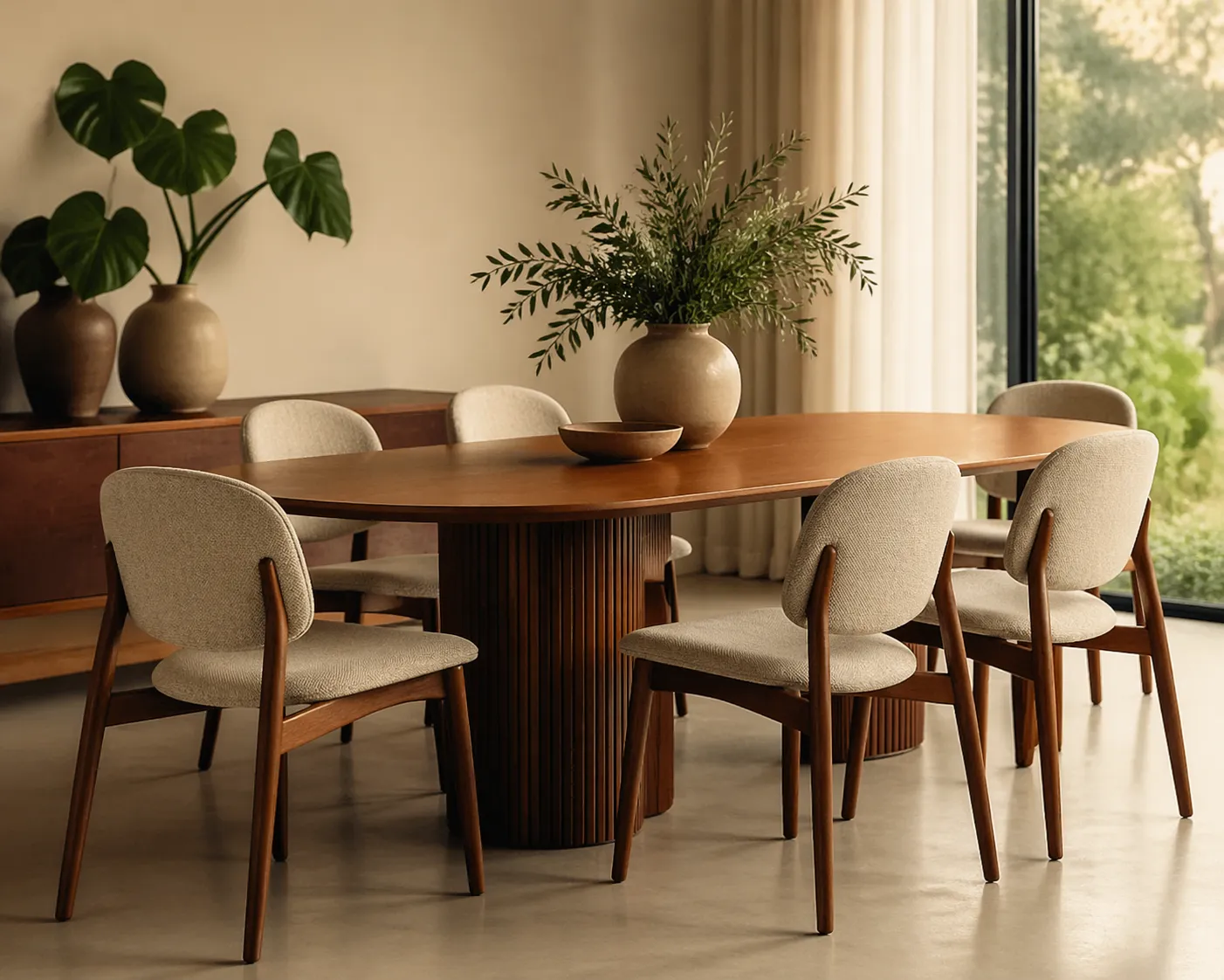 Stijlvolle refurbished eetkamerstoelen in een warme, moderne eetkamer met natuurlijke materialen en tijdloze uitstraling.