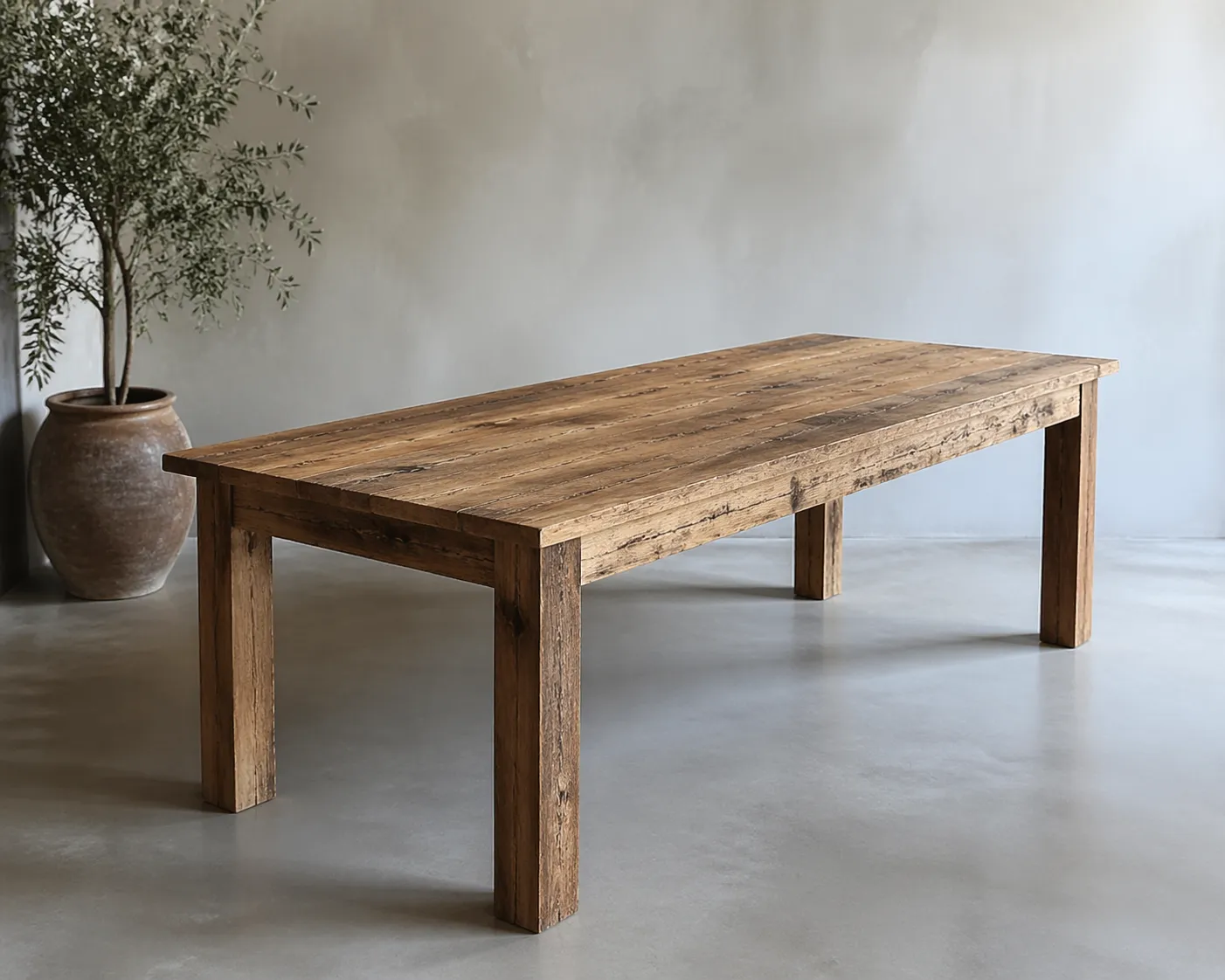 Robuuste eettafel van verweerd hout met een warme, natuurlijke uitstraling.