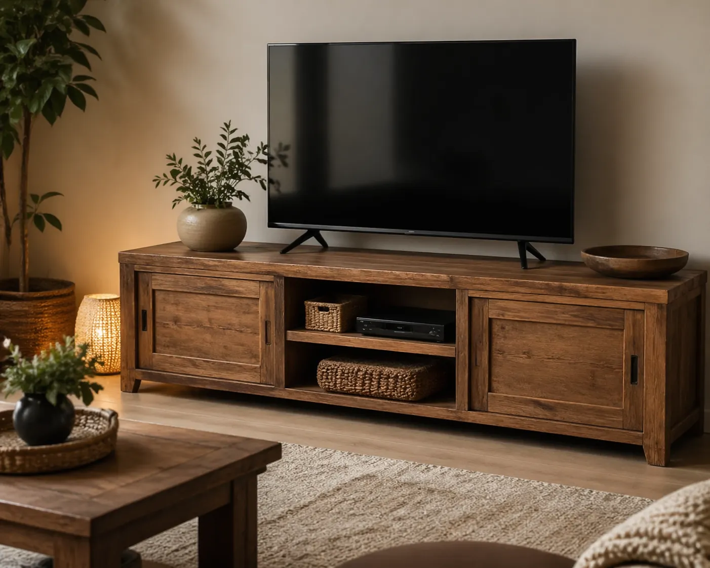 Warm en stijlvol tv-meubel met veel opbergruimte voor een rustige woonkamer.