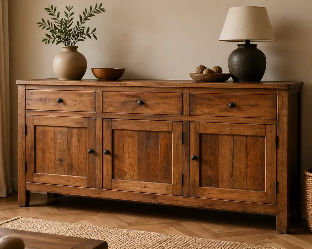Refurbished houten dressoir met warme uitstraling, praktische opbergruimte en tijdloze charme.